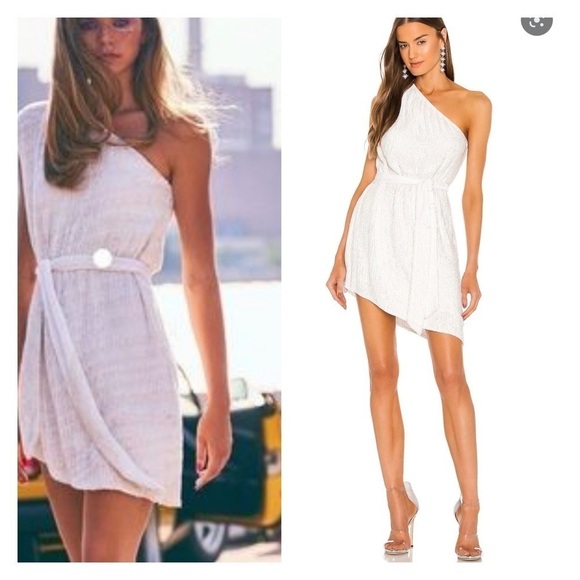 NEW RETROFETE Ella One Shoulder Sequin Mini Dress Tie Waist Moonglow White XS - Picture 6 of 12